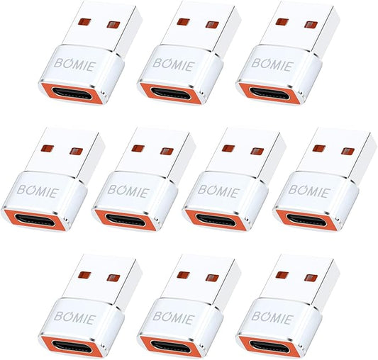 BOMIE USB to USB C Adapter 10 Pack,PD27W/66W QC100W Fast Charging 480Mbps Data Transfer,USB C Female to USB A Male OTG Adapter for M-acBook,Phone 15/16/17 Pro Max,Pad,A-irpods,G-alaxy,X-Peria White