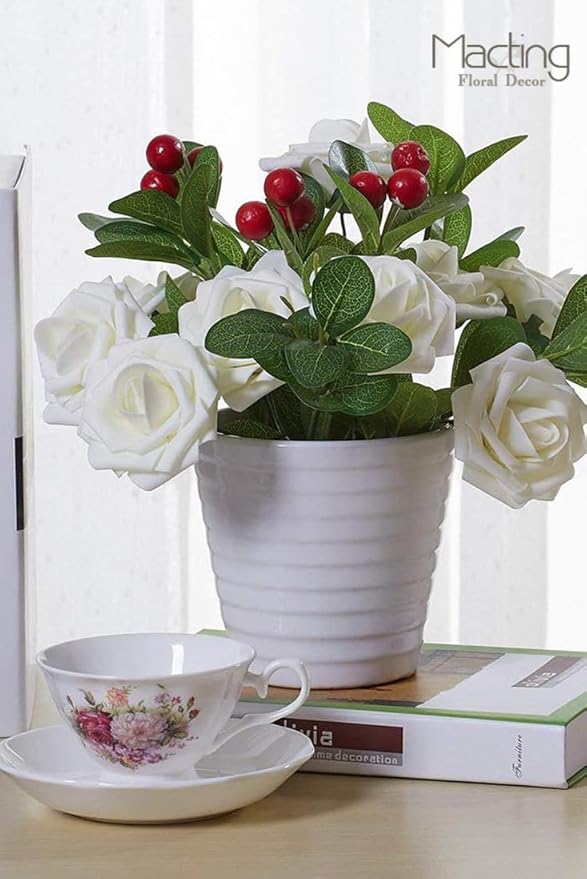 MACTING Artificial Flower Roses 30PCS Real Looking Fake Roses with Stem Ivory Foam Flowers for DIY Wedding Flower Bouquets Table Centerpieces Party Baby Shower Home Spring Mothers Day Decorations