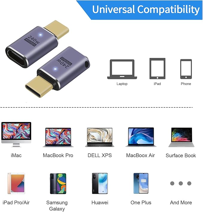 2 Pack USB C Extender Adapter 40Gbps, USB 4 & Thunderbolt 4 Male to Female Extension Adapter, PD 3.1 240W Fast Charging, 8K@60Hz Video, Type-C Connector for MacBook Pro
