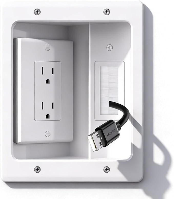 Wall Cable Concealer Kit with Recessed Tv Outlet Box-Two-Hole Socket,Tv Cable Hider Wall Kit Hider Box Fits All Plugs, Easy, Safe Cable Management