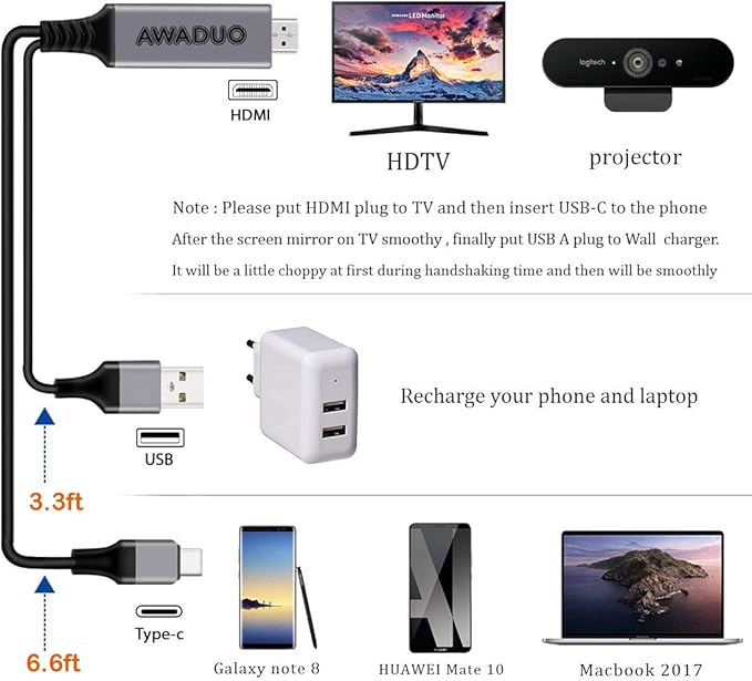 USB C to HDMI Adapter with Charging Cable, Type c to HDMI Adapter 4K 30Hz Compatible with MacBook 2018 iPad Pro,iMac,ChromeBook Pixel,Galaxy S9 Note9 S10 Surface Book Pro- 6.6FT (6.6FT, Black)