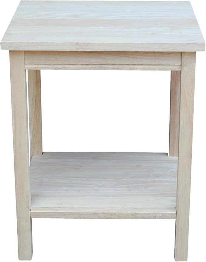 Portman Accent Table Solid Parawood Unfinished Wood 16"W x 14"D x 20"H with Shelf, Small Living Room Furniture for Painting or Staining, Traditional End Table for Bedroom or Entryway