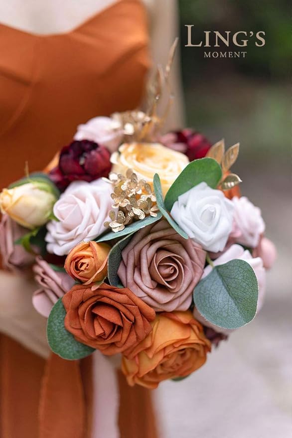 Ling's moment Artificial Flowers Fake Silk Roses Faux Foam Flower Combo for DIY Wedding Bouquets Centerpieces Arrangements Bridal Shower Party Home Decorations, Orange & Dusty Rose, 21pcs
