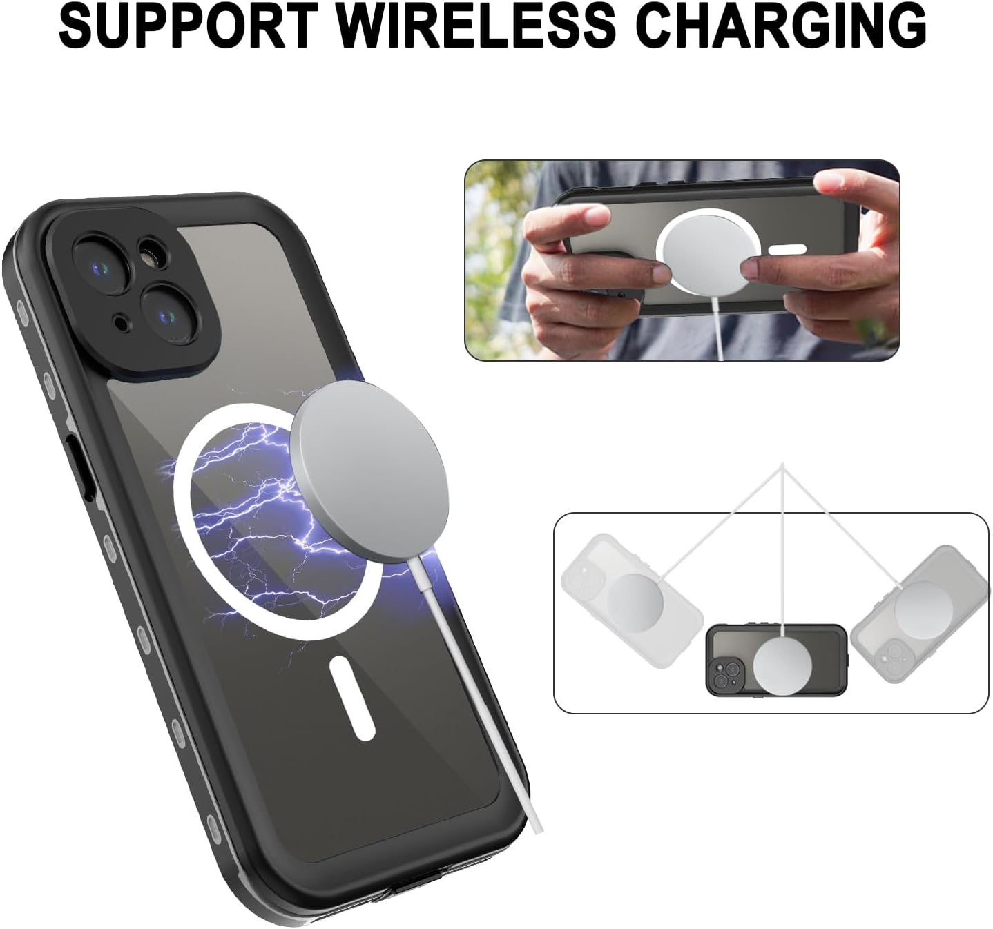 Full Body Case for iPhone 15 Plus 6.7 Inch, Waterproof Anti-Scratch Clear Magnetic Rugged Protector, Black-Gray