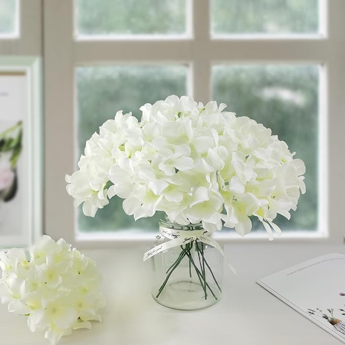 White Hydrangea Artificial Flowers Bulk, 40 Pcs Faux Hydrangea Flowers Heads, Artificial Fake Silk Hydrangea Flowers with Stems, White Flowers Artificial for Decoration Wedding Décor