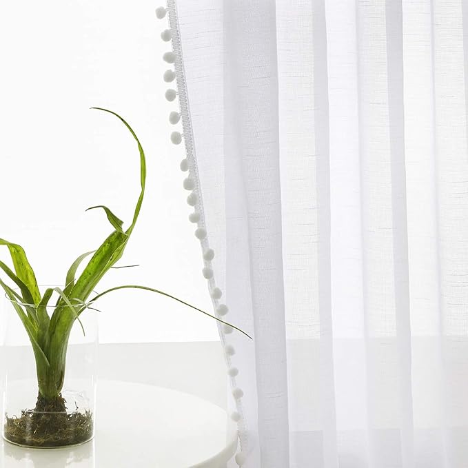Treatmentex Pompom Sheer White Curtains for Living Room Kid's Room 72" Window Voile Drapes Slub Linen Texture Bedroom Curtains 2 Pack Rod Pocket