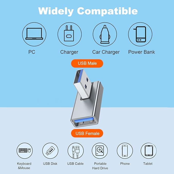 AreMe 90 Degree USB 3.0 Adapter 2 Pack, Left and Right Angle USB A Male to Female Converter Extender for PC, Laptop, USB A Charger, Power Bank and More (Grey)
