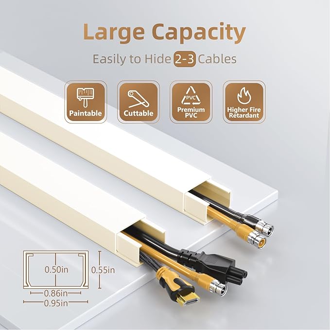 Delamu Beige Cord Hider, 85in Cord Covers for 2-3 Wires on Wall, Self-Adhesive Cable Hider, Wire Hiders Wire Covers for TV Cords on Wall, Easy Mount Cable Cover Raceway Kit, W0.95 H0.55in, Beige
