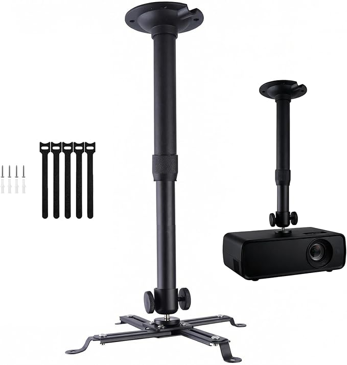 Projector Ceiling Mount with New Gimbal, Adjustable Length Projector Mount, ¼-Inch Screw, Compatible with Most Projectors, Ceiling/Wall Use with Adjustable Angle (Dark) (Black)