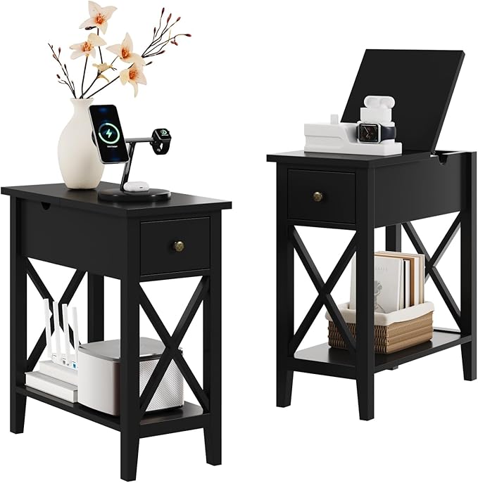 ChooChoo End Table Set of 2, Flip Top Narrow End Table with Drawer, Accent Small Side Table Nightstand for Living Room, Bedroom, and Small Spaces，Blcak