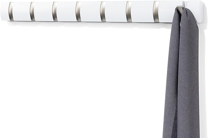 Umbra Flip Wall-Mounted Coat Rack Rail Hook for Hats, Jackets, Bags and More – Modern, Space-Saving Storage Organizer for Entryway, Mudroom, Closet, Bathroom, Bedroom, Kids Room, or Nursery, 8 Hooks,