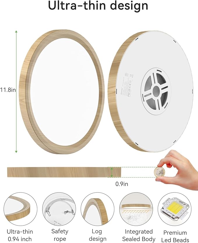 zemty 12Inch Wood-Look Ceiling Light, 28W 3200lm LED Flush Mount Ceiling Light with 3 Color Temperature 3000K/4500K/6000K - Round Flat Light Fixture for Kitchen Bathroom Livingroom，1Pack