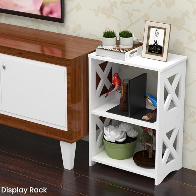LUCKNOCK Narrow Side Table with Storage, 3-Tier Slim Nightstand for Small Spaces, White Modern End Table, Bedside Table, Bookshelf for Living Room, Bedroom, Bathroom and Office.