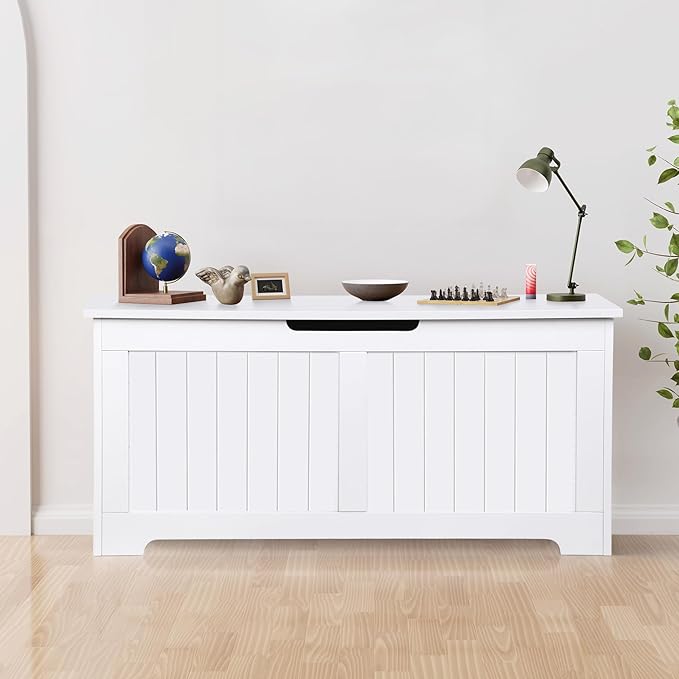 Wooden Storage Chest Box with Flip-top Lid & Safety Hinge, 39.4 Inch Living Room Organizer, Bedroom Bench, White