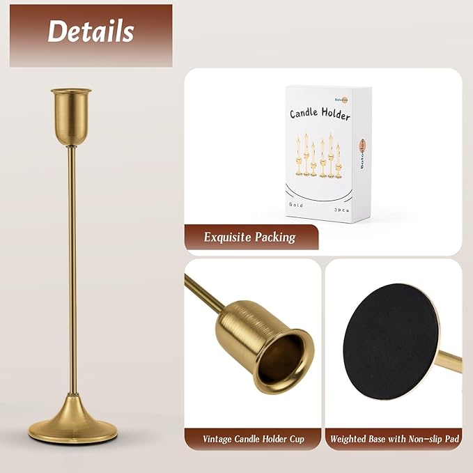 Candlestick Holders, Taper Candle Holders Set of 6, Vintage Gold Candle Sticks Holder Decor for Table Centerpiece, Fireplace Mantel, Weddings & Housewarming Décor with Gift Box