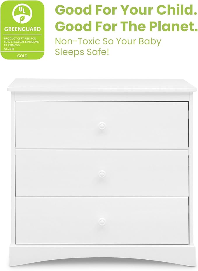 Delta Children Sutton 3 Drawer Dresser with Changing Top and Interlocking Drawers - Greenguard Gold Certified, Bianca White