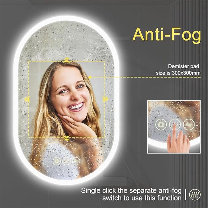 Bathroom LED Oval Mirror, 24 x 36 inches, Wall Mount, 3 Colors, Stepless Dimmable, Anti-Fog, Backlit, Frameless Frosted Edge, Home Mirror