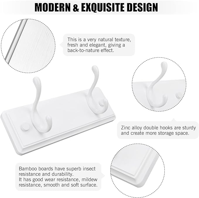 Wooden Coat Rack, Wall-Mounted Organizer for Closet, Entryway, Hallway, Foyer, Bedroom, Heavy Duty Double Hooks for Hanging Towels, Bags, Hats, Jackets, Key (White, 2 Hooks)