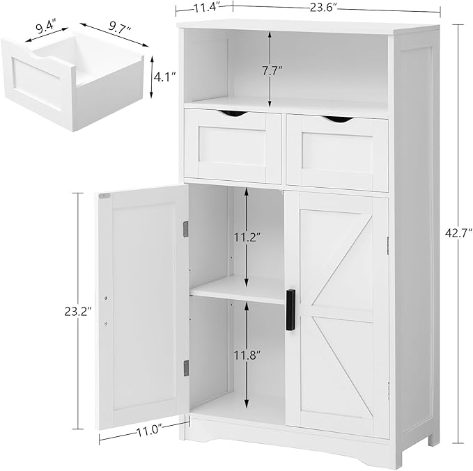 WEENFON Bathroom Cabinet with Adjustable Shelf, Storage Cabinet with 2 Doors & 2 Drawers, Cupboard, for Living Room, Hallway, White