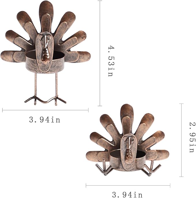 MorTime 12 Pack Turkey Tealight Candle Holders, Bronze Finished Metal Tea Light Candleholders, Thanksgiving Sitting Standing Turkey Holders Set for Table Kitchen Thanksgiving Decorations