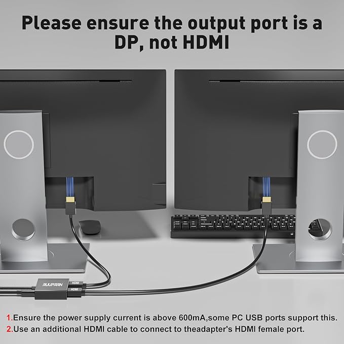 4K@60Hz DisplayPort to Dual HDMI Adapter, DP 1.4 Source to HDMI 2.0 Splitter for Dual Monitors, Display Port to HDMI Splitter 1 in 2 Out Extended Display, for PC,NVIDIA, AMD Graphic Card