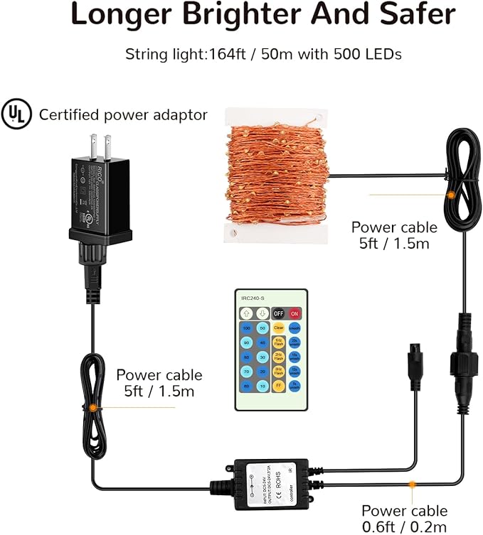 Moobibear LED String Lights, 164ft 500 LED Fairy Lights Plug in, Dimmable Outdoor Tree Lights, UL-Listed Warm White Copper String Lights Remote Control for Wedding Christmas Decor