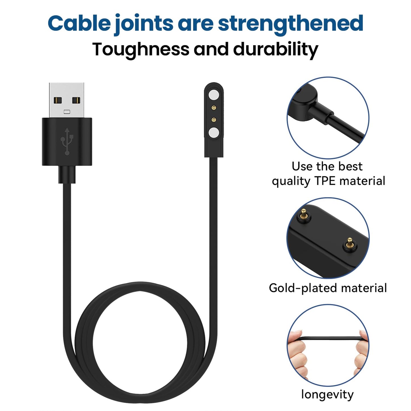 RuenTech 2-Pack Chargers for MOJIAJIZERA Smart Watch, Replacement Magnetic Charging Cable (Black&Black)