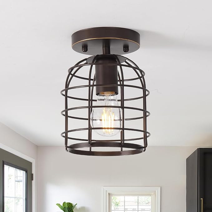 Create For Life® Industrial Vintage Flush Mount Ceiling Light,Oil Rubbed Bronze Semi Flush Mount Ceiling Lamp Fixture for Hallway Stairway Kitchen Garage, E26,1 Pack