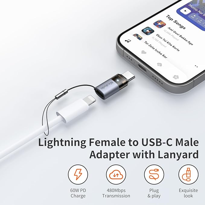 mcdodo 60W Lightning to USB-C Adapter with Lanyard, Lightning Female to Type-C Male Adapter PD Fast Charging iPhone Charger Cable Converter for iPhone 16 15 Series, iPad,MacBook