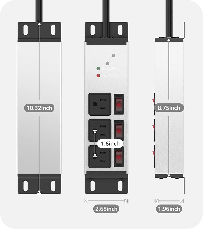 CCCEI 3 Outlet Heavy Duty Surge Protector Power Strip 20 Amp Individual Switches. 12 Gauge Extension Cord, Overload, Ground Protection. Garage Wall Mount Electric Extender, 15FT, Silver.