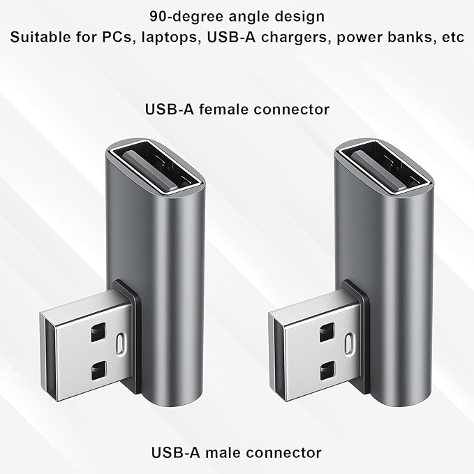 2 PCS USB 90 Degree Adapter 90 Degree USB A Right Angle Adapter Male to Female Converter Extender for Laptop, Power Bank, Charger, Phone, Pad, Pc (Gray)
