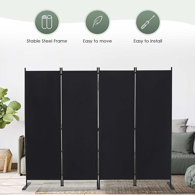 RANTILA 4 Panel Room Divider, 6 FT Folding Privacy Screen with Wide Feet, Freestanding Partition for Room Separation, Portable Room Divider Panel, 89" W x 71" H, Black