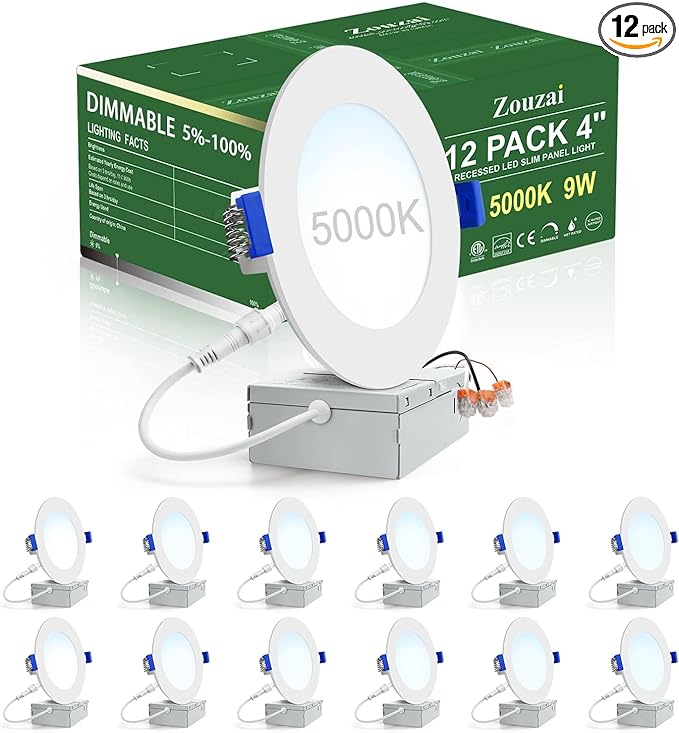 zouzai 12 Pack 4 Inch Ultra-Thin LED Recessed Ceiling Light with Junction Box, 5000K Daylight, 9W Eqv 80W, Dimmable Canless Wafer Downlight, 810LM High Brightness, ETL and Energy Star Certified