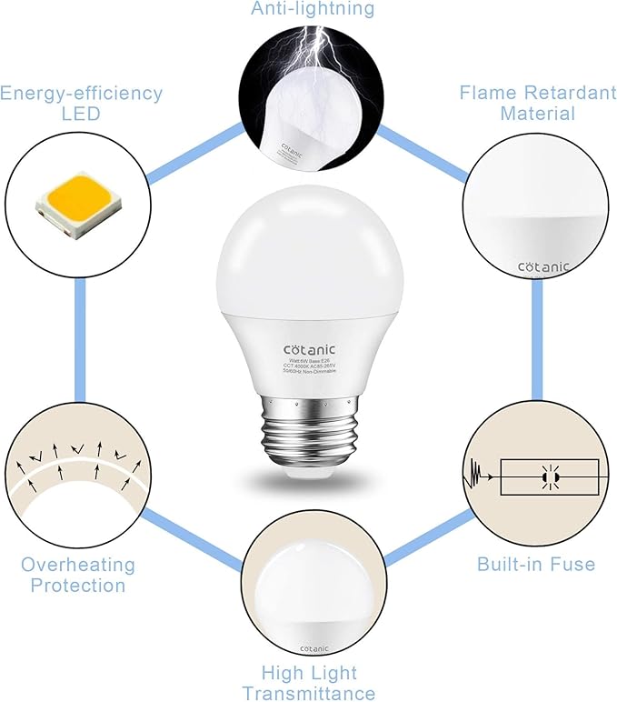 Cotanic 8 Pack A15 LED Ceiling Fan Light Bulbs 4000K Natural Daylight, 6W Small Light Bulb for Chandelier 60W Equivalent, E26 Standrad Base, 600lm, CRI 80+, Non-Dimmable