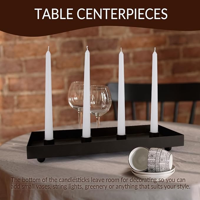 TELOSMA Advent Candle Holder - 4 Candlestick Seats, Matte Black Iron Candle Tray for Taper Candles - Autumn Thanksgiving Christmas Dining Table Kitchen Island Fireplace Mantel Centerpieces Decoration
