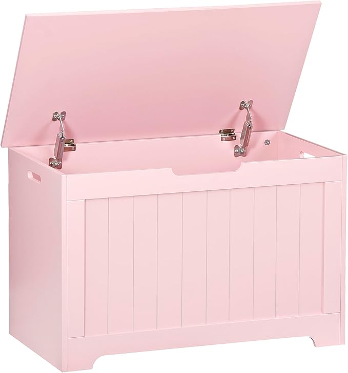 Wooden Storage Chest Box with Flip-top Lid & Safety Hinge, Living Room Organizer, Bedroom Bench with 100L Storing Area, Pink