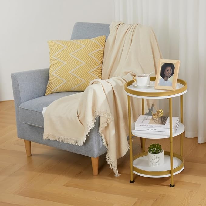 Dulcii Round Side Table with Storage Tray for Living Room, 15" L x 15" W x 24" H Bedroom Nightstand 3 Tiers Bedside Table with Steel Frame for Small Spaces (White & Gold)