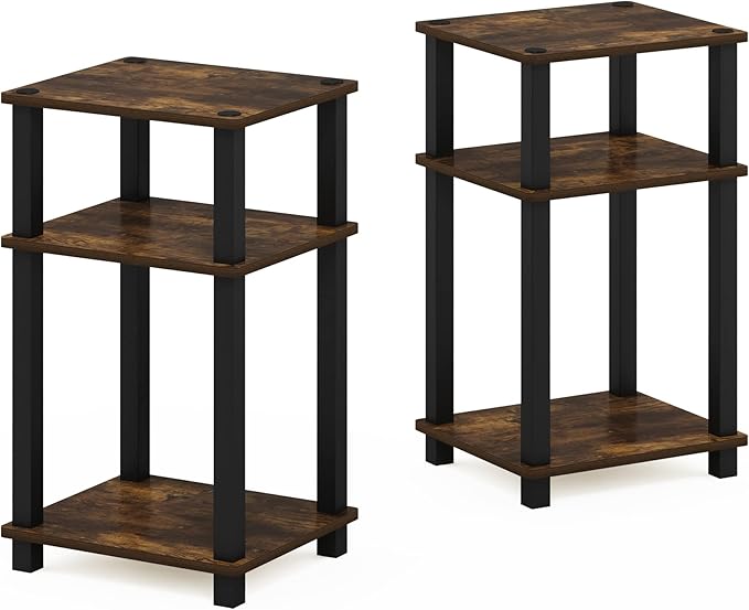 Furinno JUST Side Table Set of 2, 3-Tier Open Shelf End Table, Toolless Assembly Night Stand, Bedside Table with Square Tube, for Living Room, Bedroom, Amber Pine