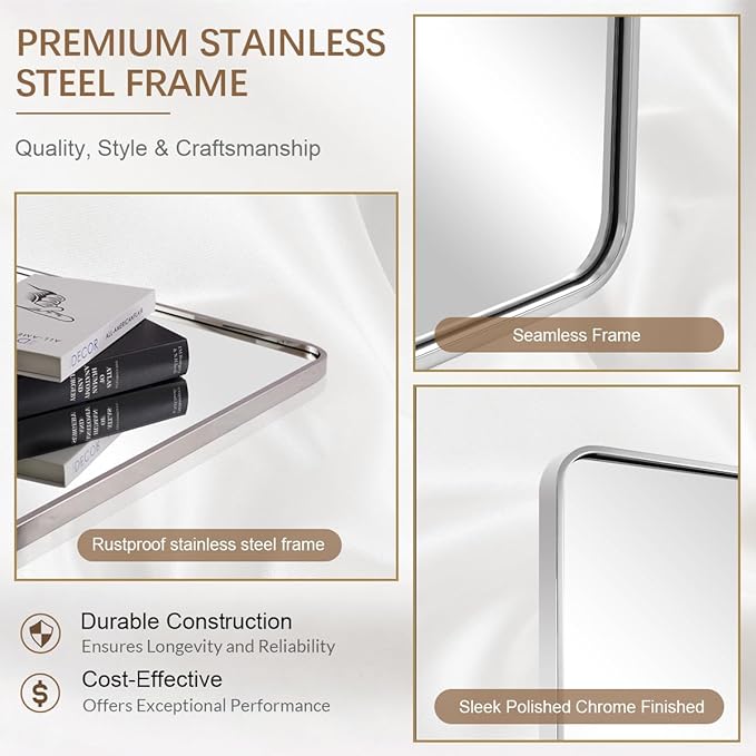 ANDY STAR 48”X30” Chrome Bathroom Mirrors, Polished Chrome Vanity Mirror, Rounded Rectangle Mirror for Wall, SUS304 Anti-Rust Tube Metal Frame, Wall Mounted Horizontal/Vertical 1’’ Deep