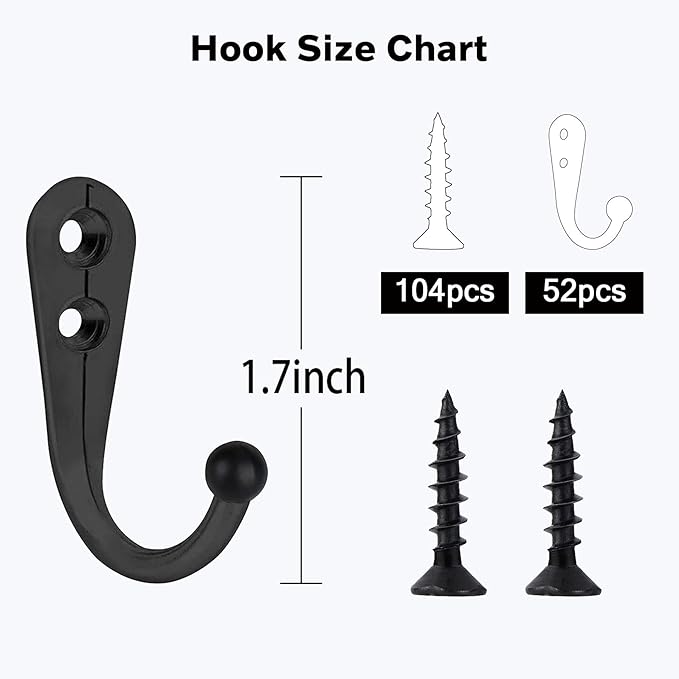 Coat Hooks-52 Pack Farmhouse Hooks with 104Pcs Screws, Black Decorative Rustic Coat Hooks Rack, Wall Mounted Single Prong Robe Hook, Vintage Organizer Hanging Wire Hook Clothes Hanger