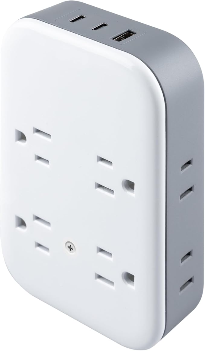 GE All-in-One Surge Protector Wall Tap, 8 Outlets (4 Grounded + 4 Polarized), 2 USB-C & 1 USB-A, 15W Shared, 1140J, Circuit Breaker, ETL Certified, White/Gray, 85633
