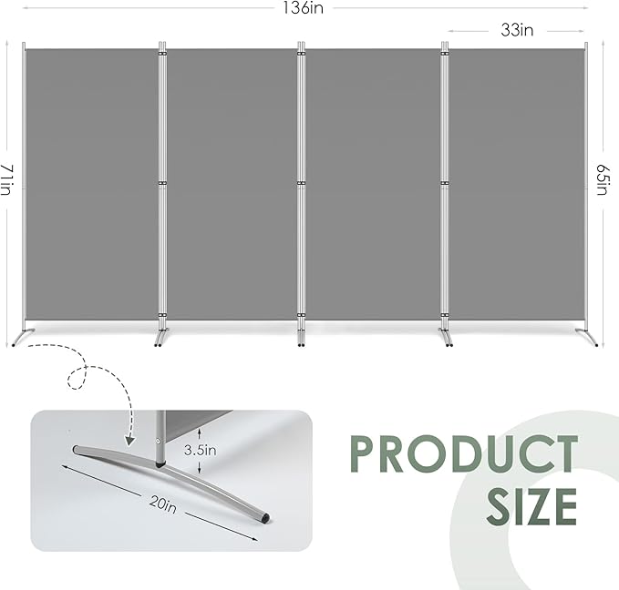 RANTILA 4 Panel Room Divider, 6 Ft Tall Folding Privacy Screen Room Dividers, Freestanding Room Partition Wall Dividers, 136''W x 20''D x 71''H, Grey