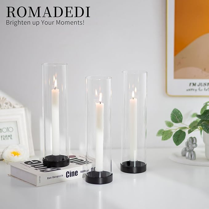 Romadedi Glass Hurricane Candle Holders Black - 12 Inch Taper Candlestick Holder Bulk Clear Glass Cylinder Table Centerpiece Wedding Decor Party Birthday Christmas Home Decorations, Set of 10