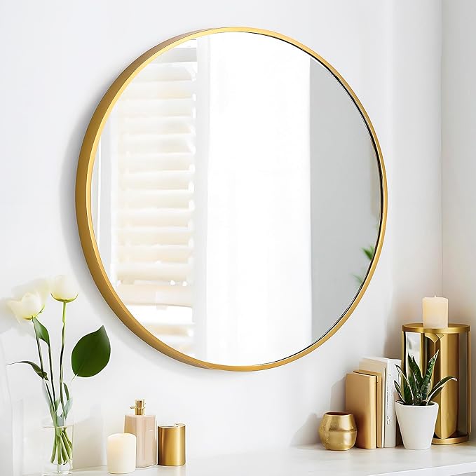 24" Round Mirror Circle Wall Mounted Hanging or Against Wall Metal Frame Dressing Make-up Mirrors for Entryway Bedroom Bathroom Living Room 24 inch Gold