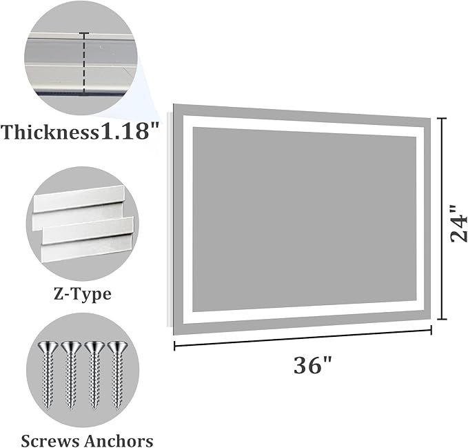 Koonmi 24x36 LED Bathroom Mirror, Backlit + Front Lit, LED Bathroom Mirror with Lights for Wall, 3 Colors, Anti-Fog, Dimmable Brightness, Memory Function, Tempered Glass
