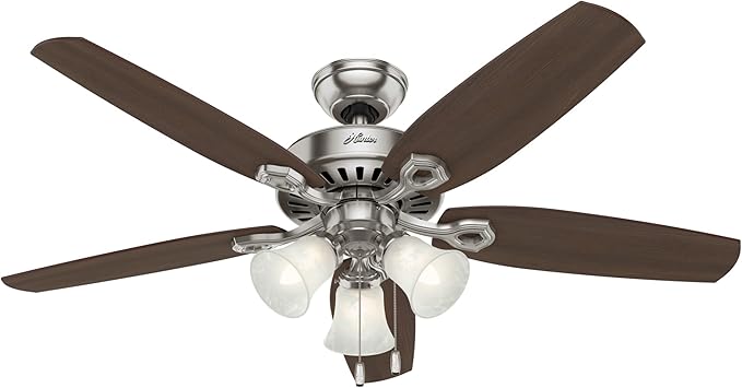 Hunter 52 inch Indoor Ceiling Fan with LED Lights - Ceiling Fan with Pull Chain, For Bedroom or Living Room, Standard Mount, No Remote, 5 Blades, Includes Bulbs - Builder Plus 53237, Brushed Nickel