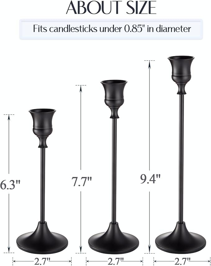Black Candlestick Holders, Taper Candle Holders, Set of 3 Matte Black Candle Holder Set, Vintage Table Centerpiece for Wedding Christmas Holiday