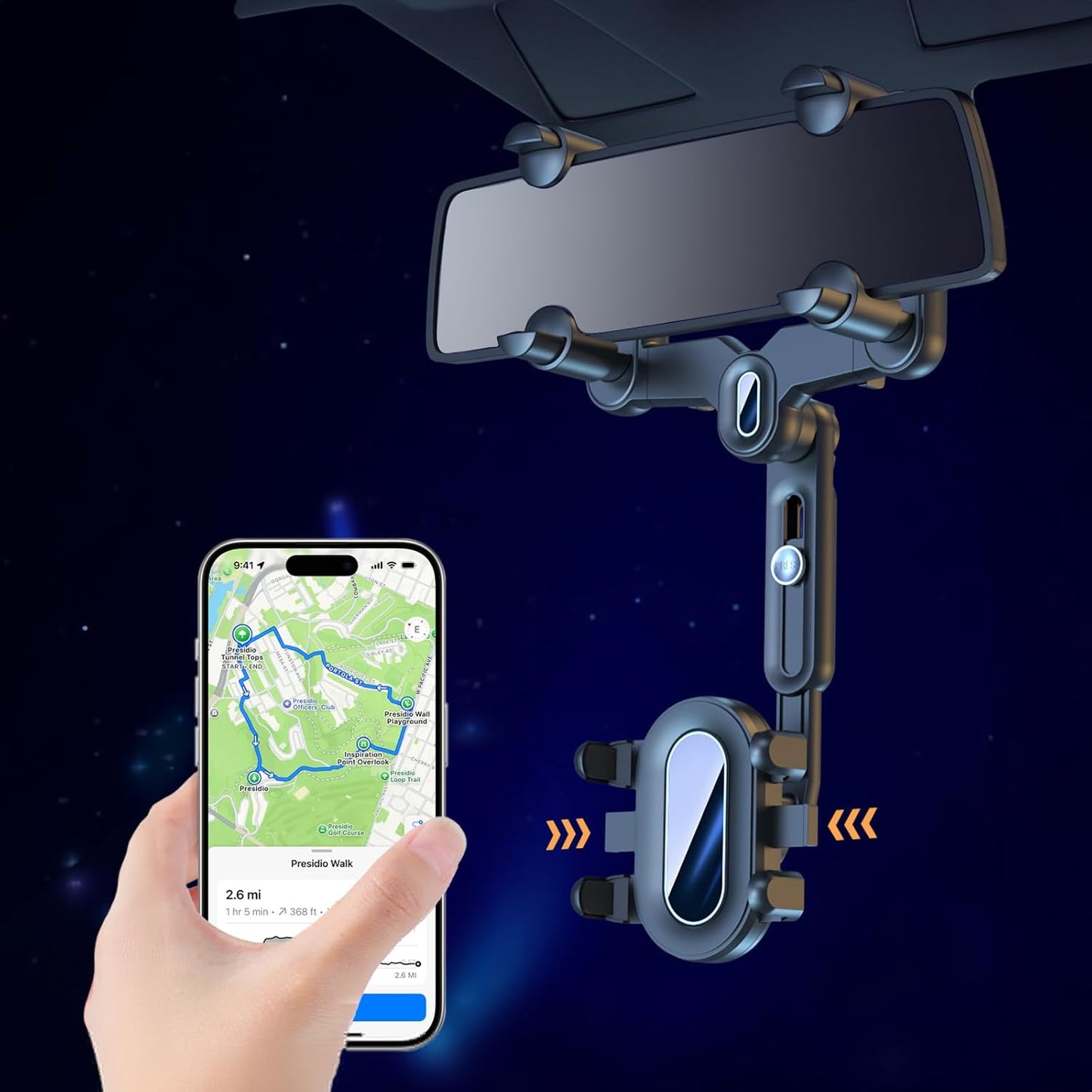 Rear View Mirror Phone Holder - Rotatable and Retractable Mount for iPhone Google Samsung 4-7IN Cell Phones