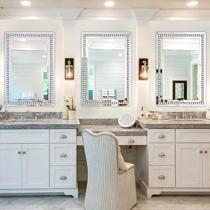 Rectangular Large Decorative Mirror for Decor, 28" X 40" Living Room Wall Mirror with Crystal Glass Frame, Beveled Unique Glamourous Elegant Design, Bathroom, Entrance, Bedroom Decor