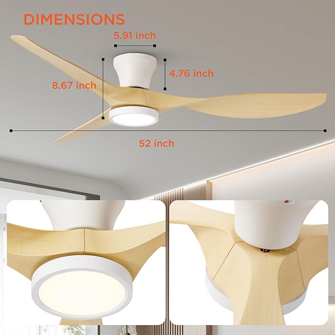 TALOYA 52 inch Ceiling Fans with Lights and Remote, Flush Mount Low Profile Ceiling Fan with Reversible DC Motor ABS Blades for Bedroom Living Room Kitchen Light Oak Finish
